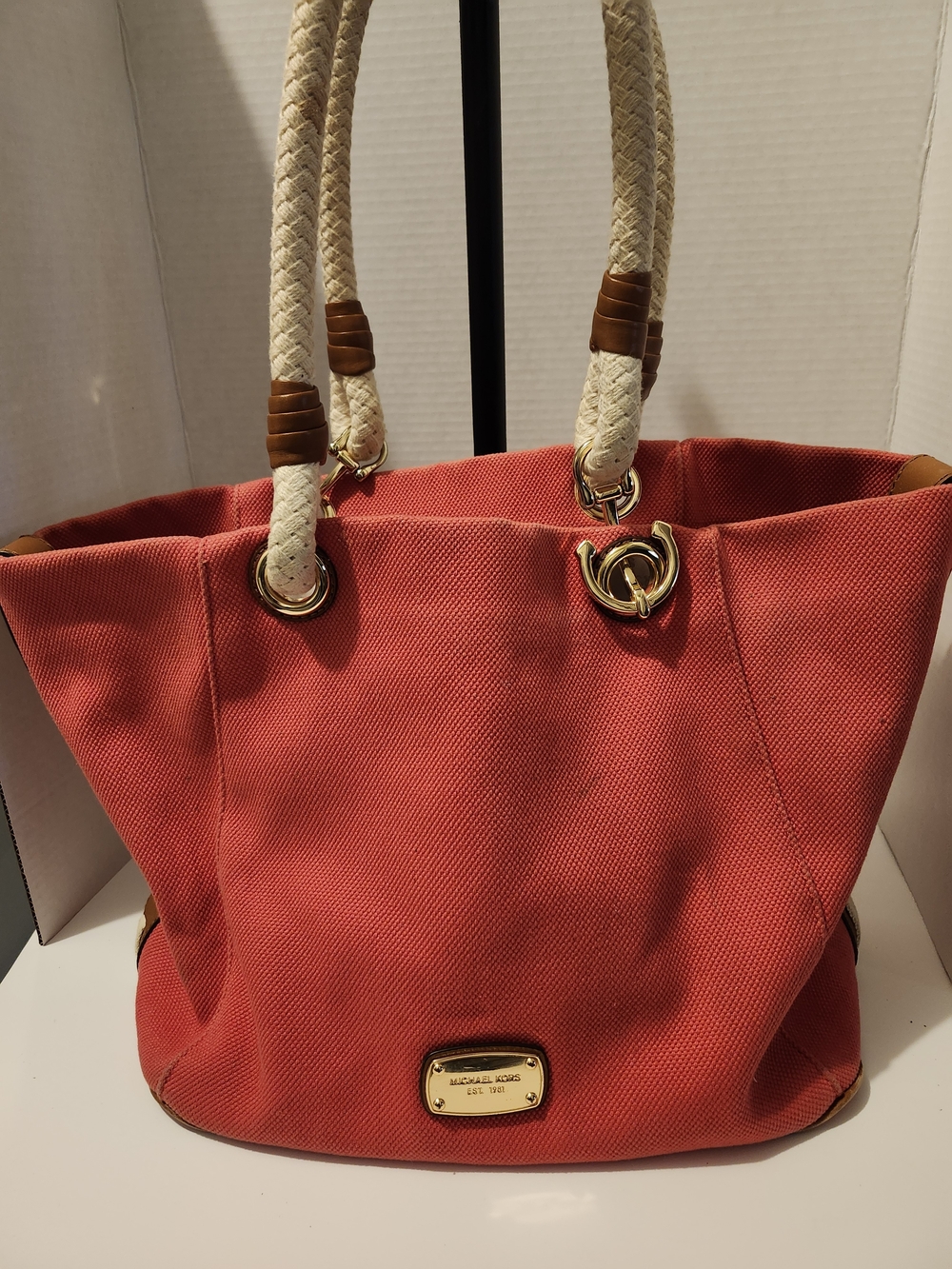 Michael Kors Coral Canvas Tote with Cream Rope Handles and Gold Hardware